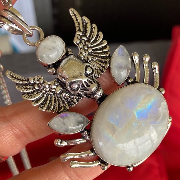 Genuine natural Moonstone gemstones  skull design with wings boho goth necklace - Picture 5 of 15